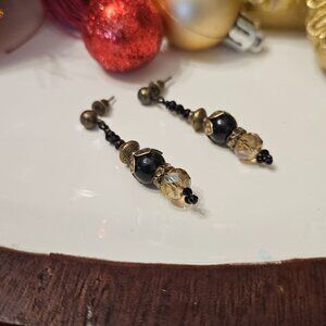 SALE!! Onyx, Amber Crystals, Rhinestones and Antique Brass Earrings